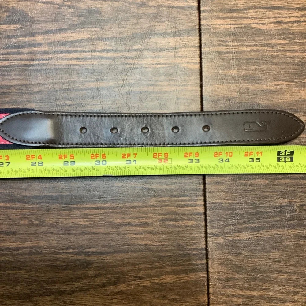Vineyard Vines Mens Canvas Club Belt Size 32‎ Navy Pink Crab Leather Brass USA